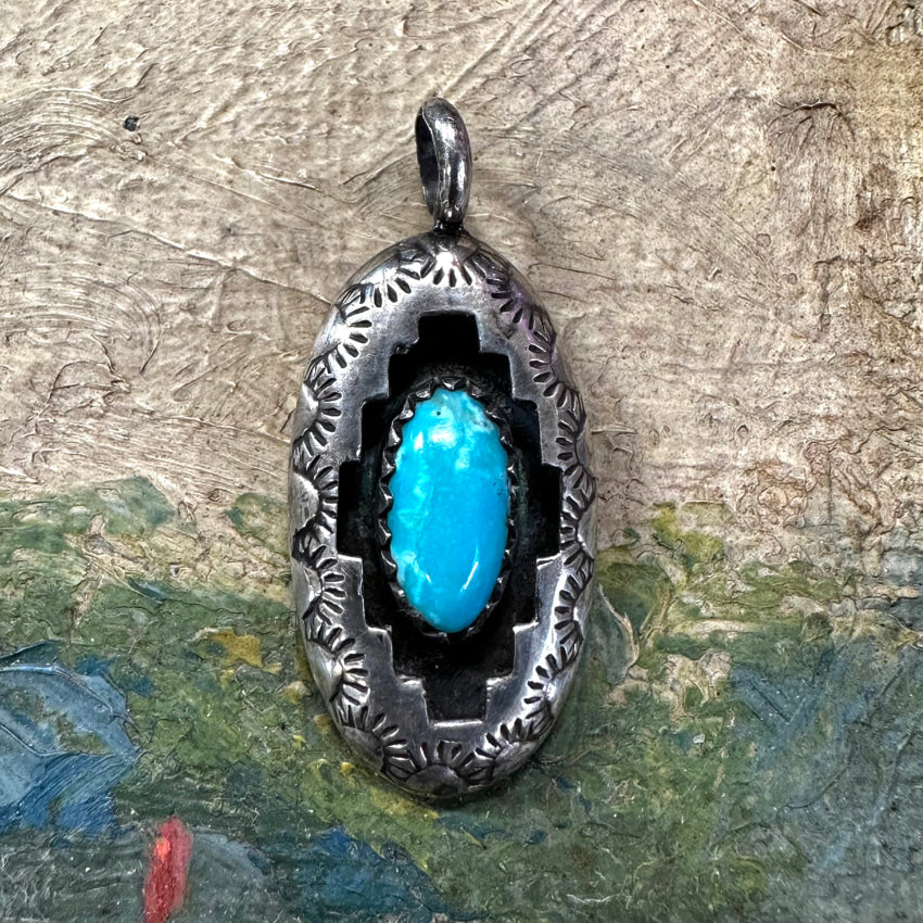 Navajo Stamped Sterling Silver Shadowbox Turquoise Pendant Pendant