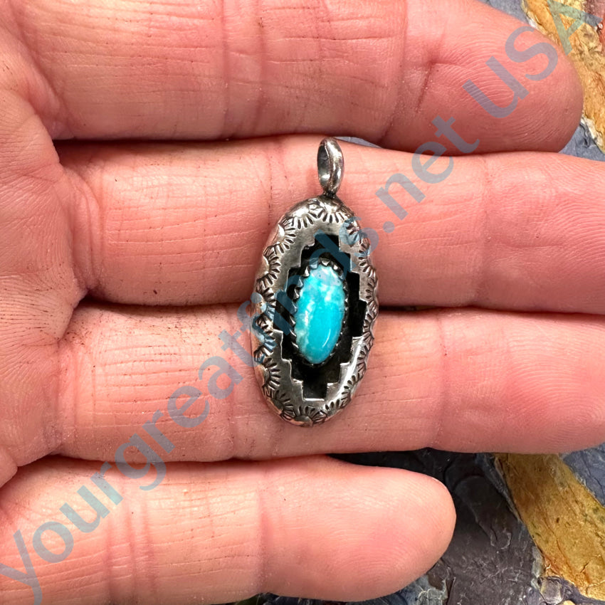 Navajo Stamped Sterling Silver Shadowbox Turquoise Pendant Pendant