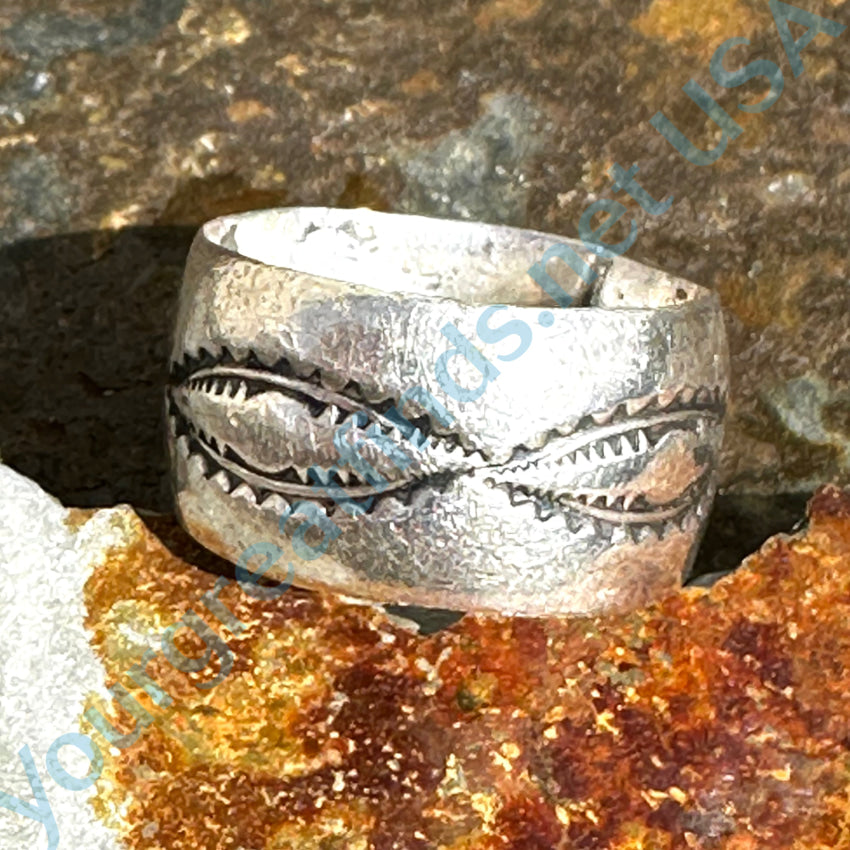Navajo Stamped Sterling Silver Wide Band Ring Coral Size 7