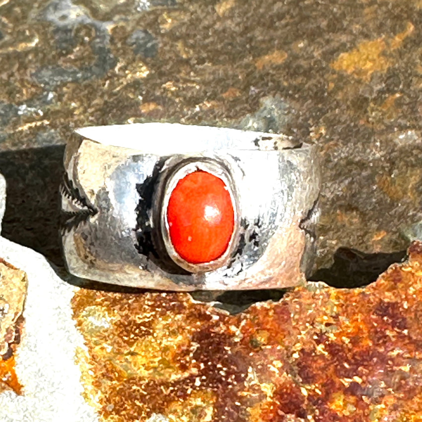 Navajo Stamped Sterling Silver Wide Band Ring Coral Size 7