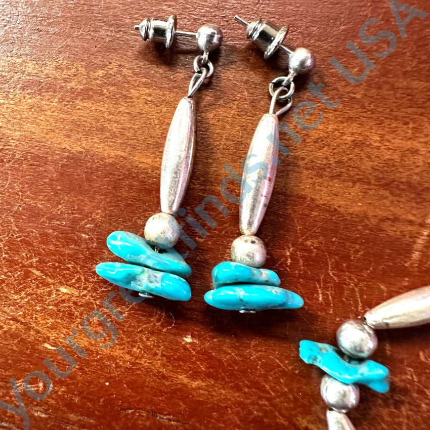 Navajo Sterling Silver Bead & Turquoise Necklace Bracelet Earring Set Jewelry Set