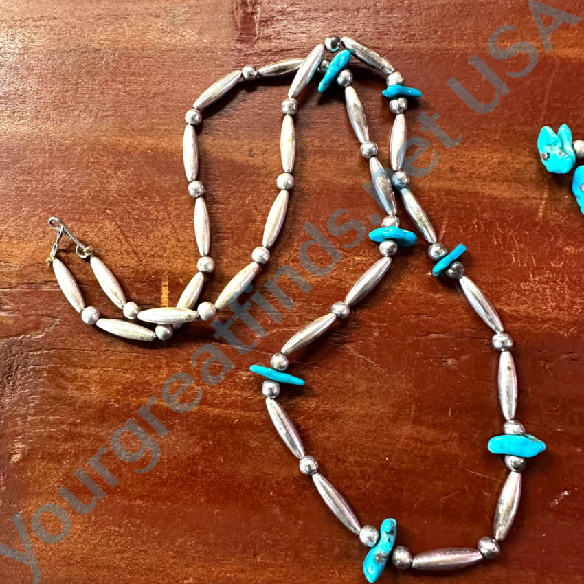 Navajo Sterling Silver Bead & Turquoise Necklace Bracelet Earring Set Jewelry Set