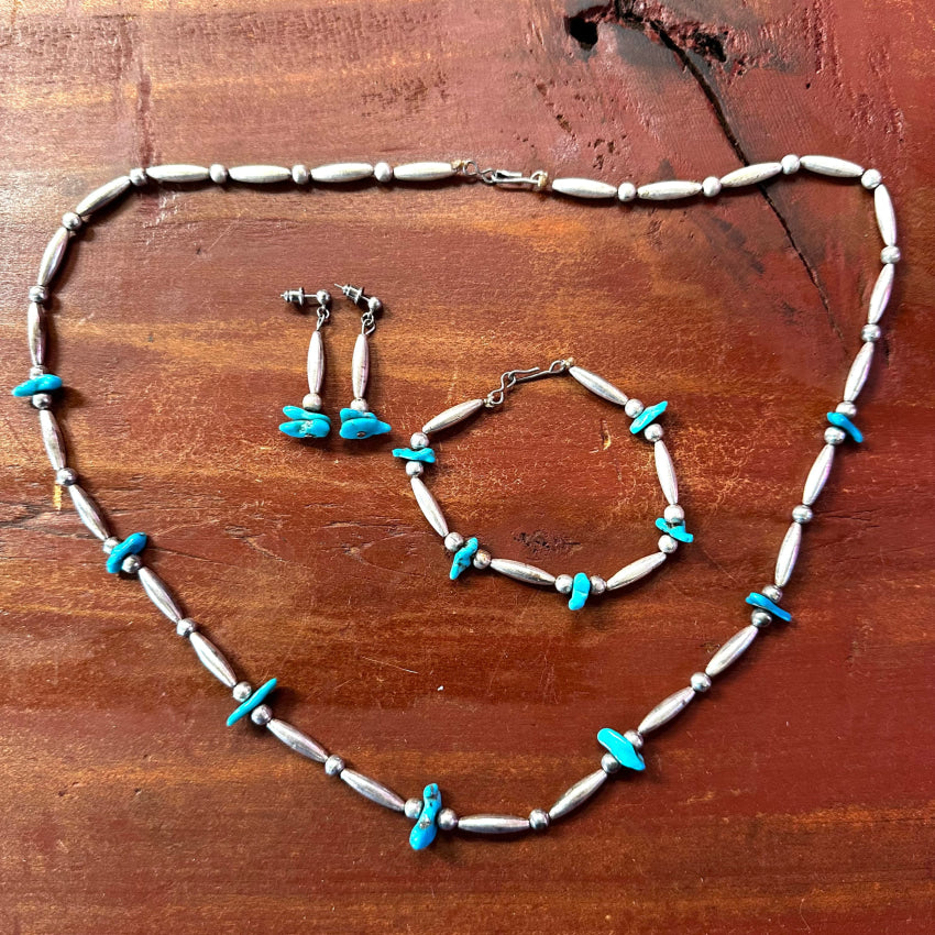 Navajo Sterling Silver Bead & Turquoise Necklace Bracelet Earring Set Jewelry Set