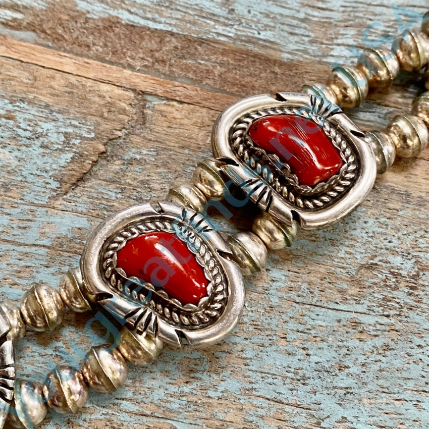 Navajo Sterling Silver Bench Bead Necklace Red Coral Signed