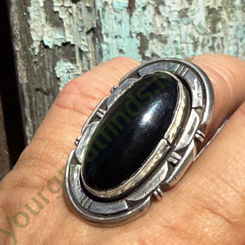 Navajo Sterling Silver Black Onyx Large Ring L. Yazzie Size 7 pin