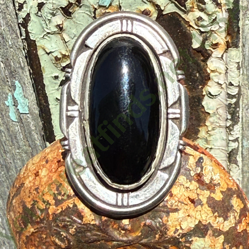 Navajo Sterling Silver Black Onyx Large Ring L. Yazzie Size 7 pin