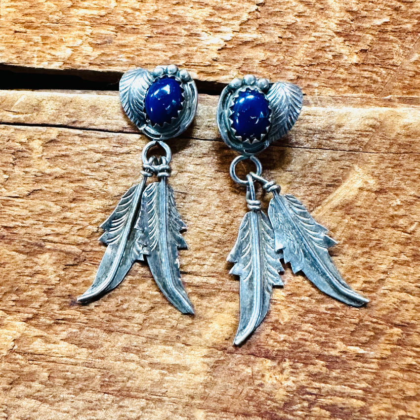 Navajo Sterling Silver & Blue Azurite Pierced Post Feather Earrings Earrings