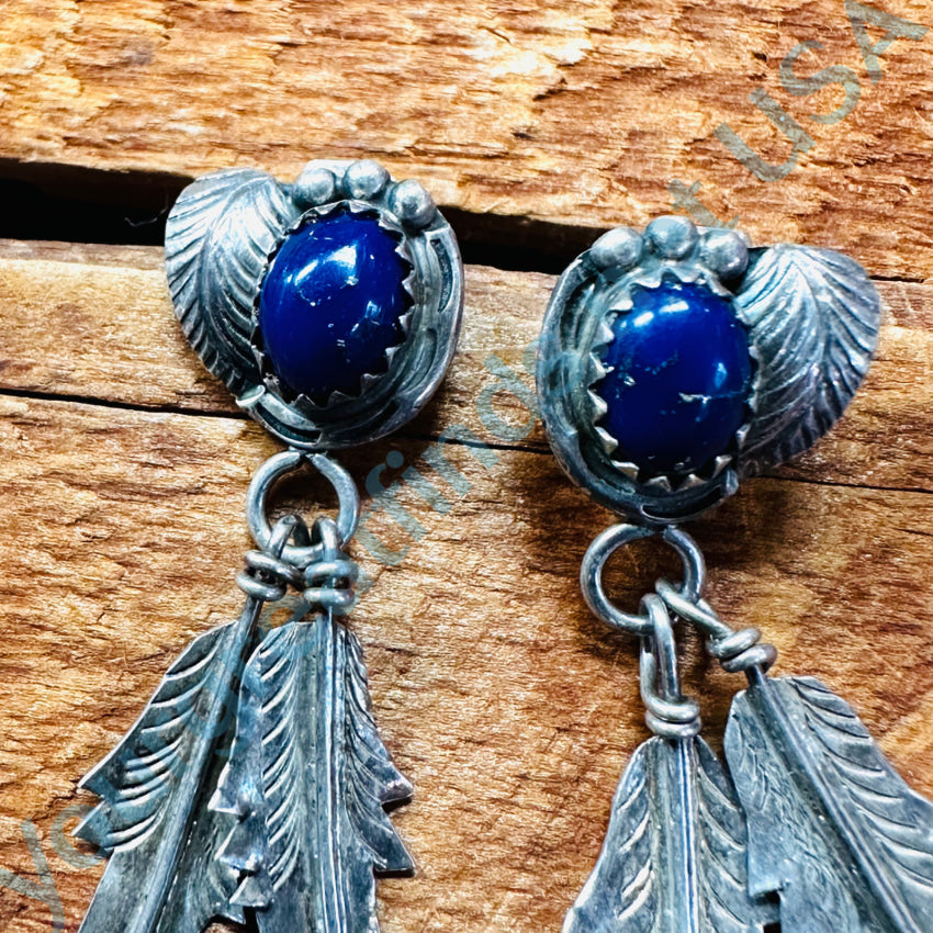 Navajo Sterling Silver & Blue Azurite Pierced Post Feather Earrings Earrings