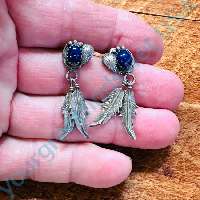 Navajo Sterling Silver & Blue Azurite Pierced Post Feather Earrings Earrings