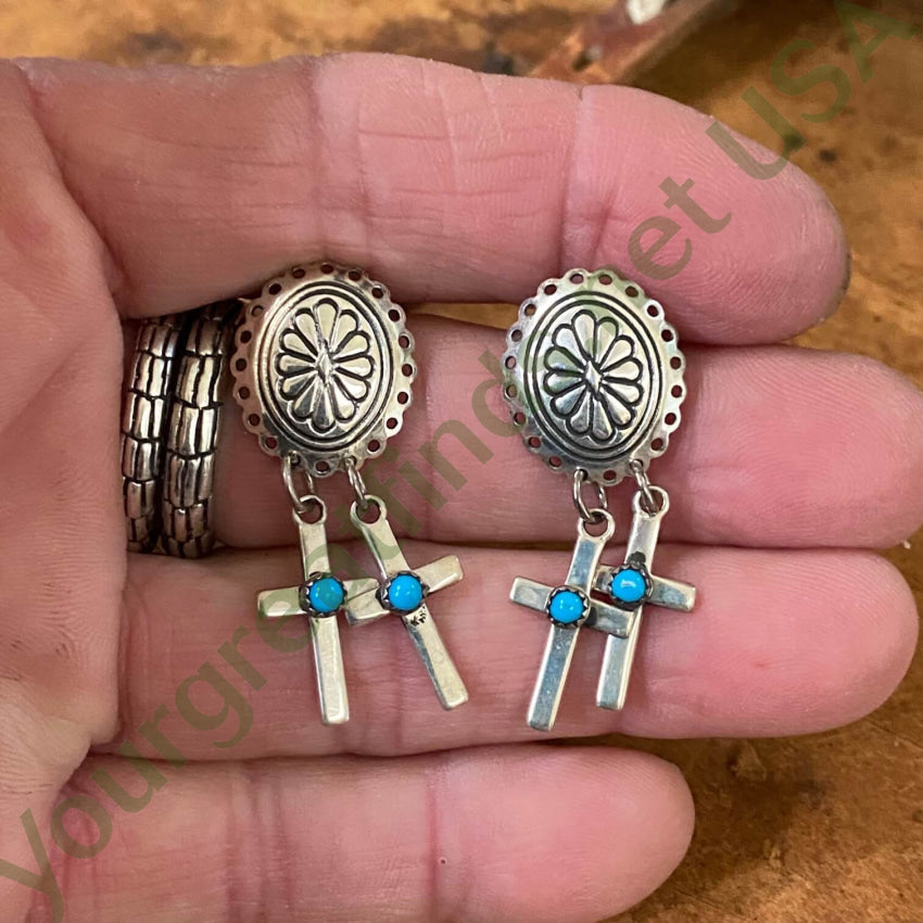 Navajo Sterling Silver Concho 2 Cross Turquoise Earrings