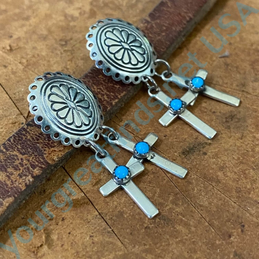 Navajo Sterling Silver Concho 2 Cross Turquoise Earrings