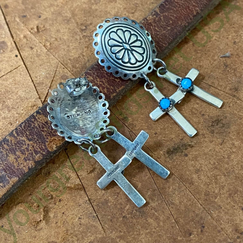 Navajo Sterling Silver Concho 2 Cross Turquoise Earrings
