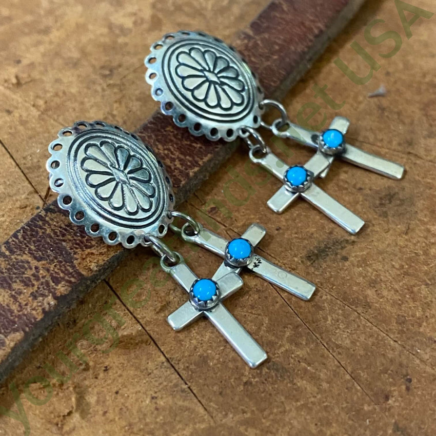 Navajo Sterling Silver Concho 2 Cross Turquoise Earrings