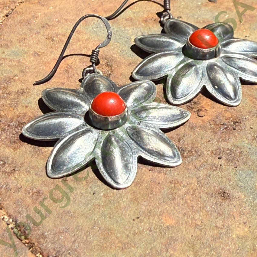 Navajo Sterling Silver & Coral Daisy Pierced Earrings Signed earrings