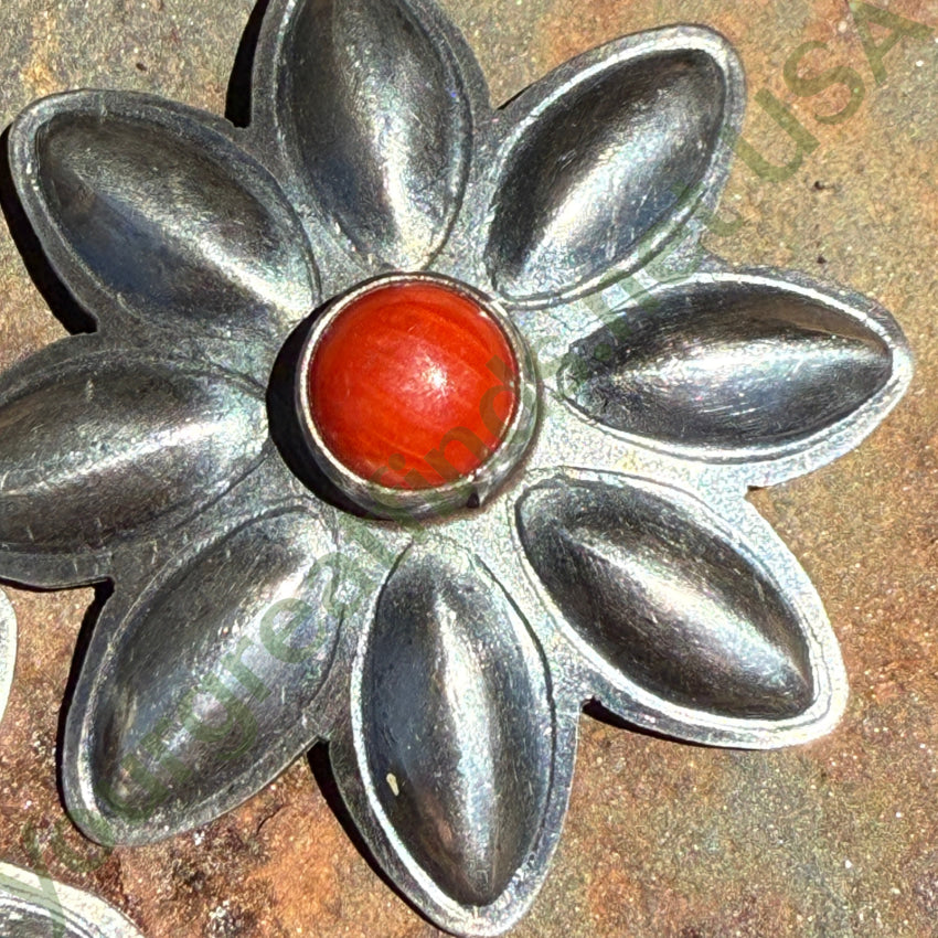 Navajo Sterling Silver & Coral Daisy Pierced Earrings Signed earrings