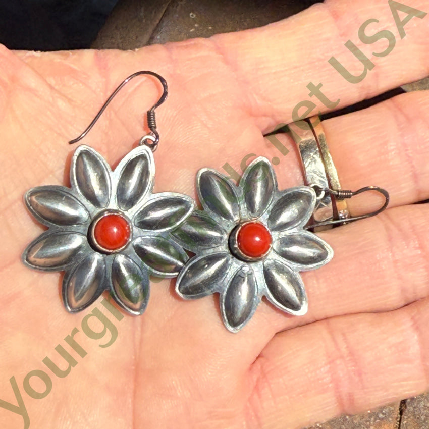 Navajo Sterling Silver & Coral Daisy Pierced Earrings Signed earrings
