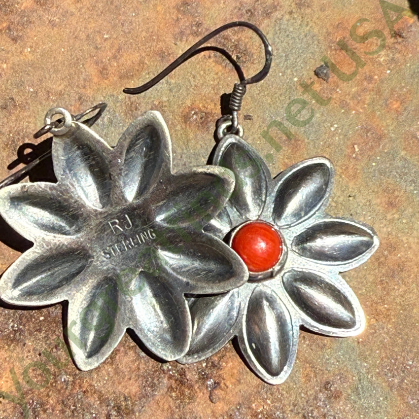 Navajo Sterling Silver & Coral Daisy Pierced Earrings Signed earrings