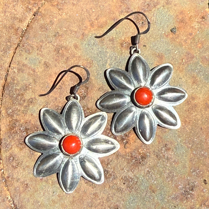 Navajo Sterling Silver & Coral Daisy Pierced Earrings Signed earrings