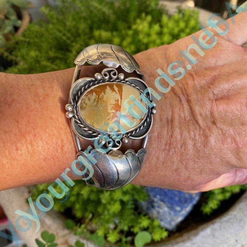 Navajo Sterling Silver Cuff Bracelet with Holy Cross Landscape Agate Stone Yourgreatfinds