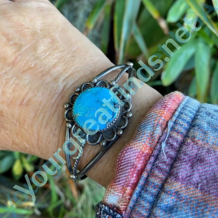 Navajo Sterling SIlver Cuff Bracelet with Large Round Turquoise Stone Yourgreatfinds