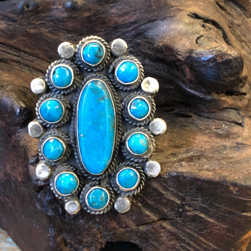 Navajo Sterling Silver Deep Blue Turquoise Rosette Ring Size 8