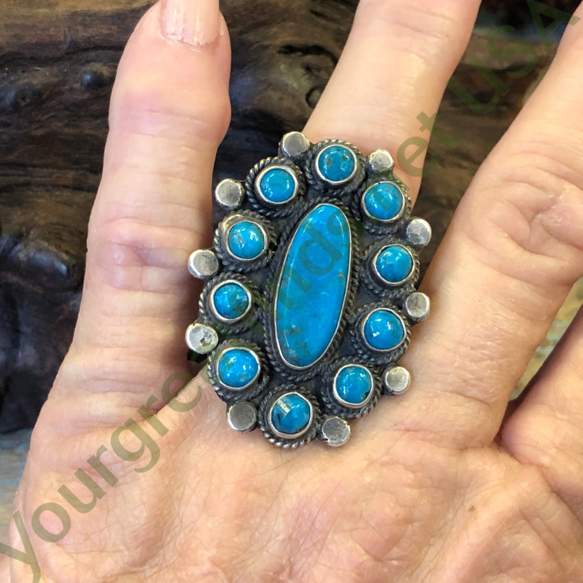 Navajo Sterling Silver Deep Blue Turquoise Rosette Ring Size 8