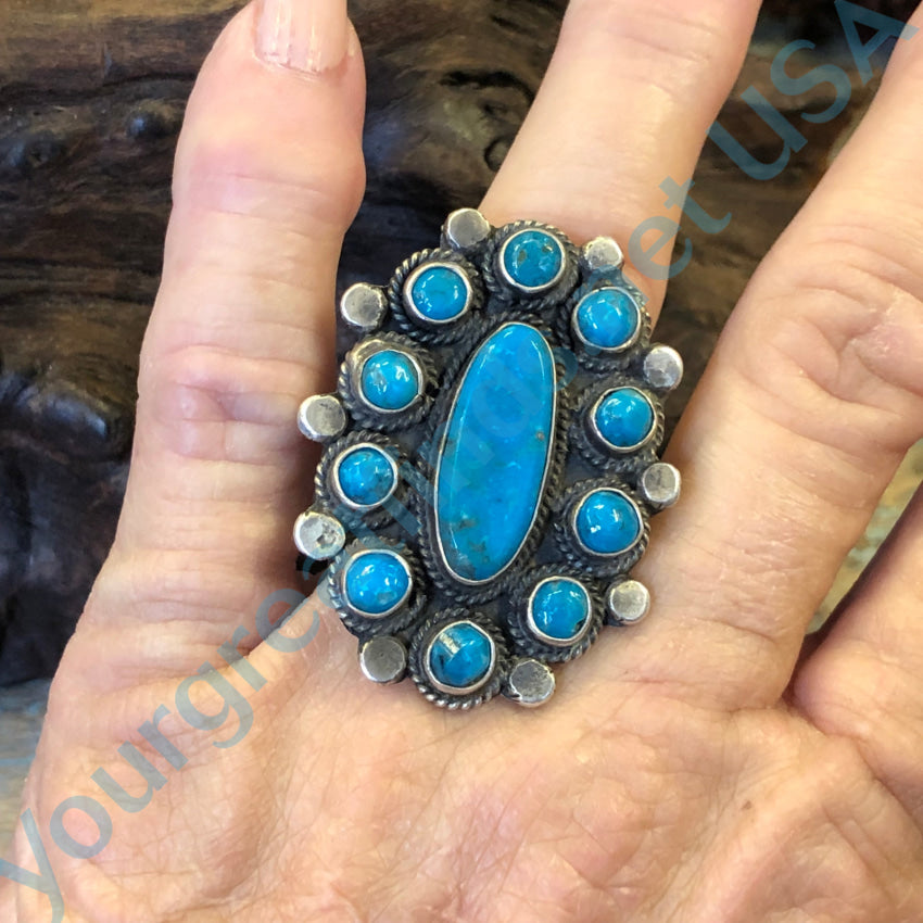 Navajo Sterling Silver Deep Blue Turquoise Rosette Ring Size 8