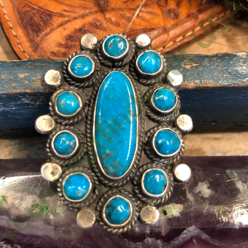 Navajo Sterling Silver Deep Blue Turquoise Rosette Ring Size 8