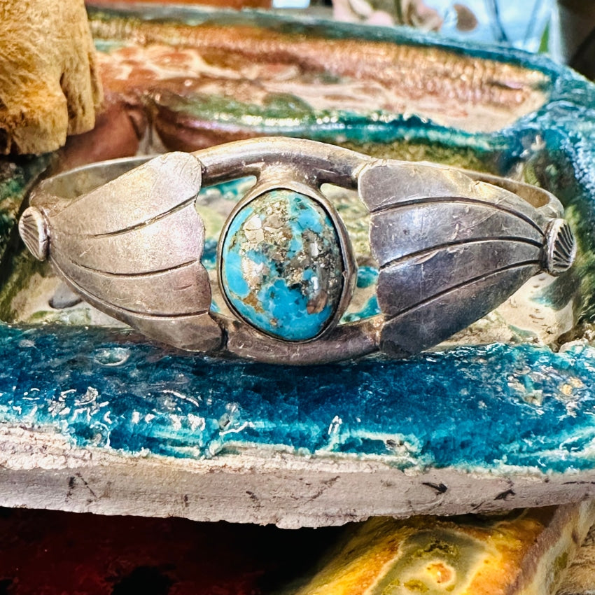 Navajo Sterling Silver Fan Bracelet Morenci Mine Turquoise