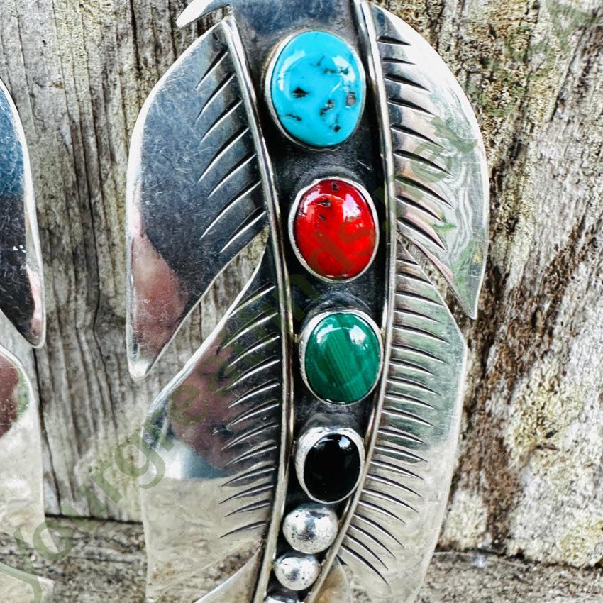Navajo Sterling Silver & Gemstone Large Feather Pierced Post Earrings Earrings