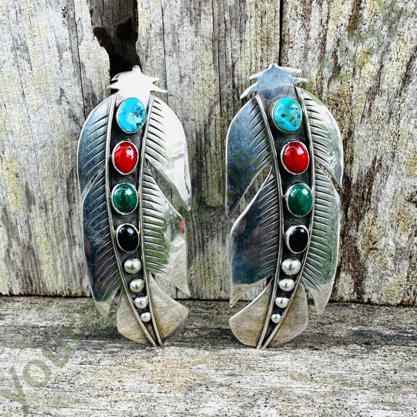 Navajo Sterling Silver & Gemstone Large Feather Pierced Post Earrings Earrings