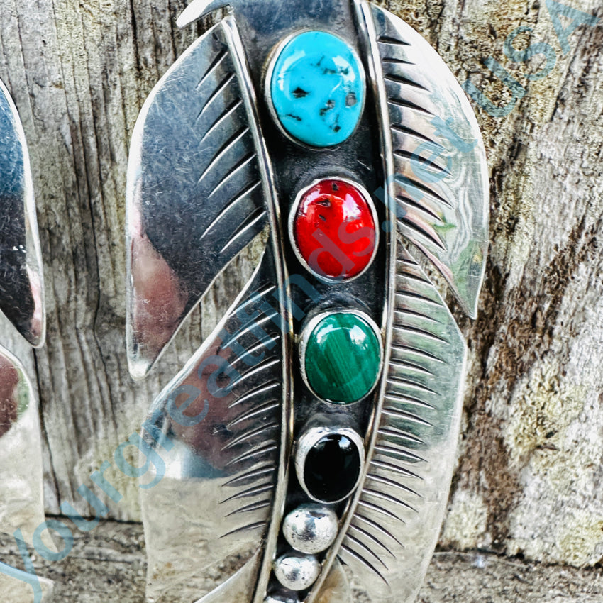 Navajo Sterling Silver & Gemstone Large Feather Pierced Post Earrings Earrings