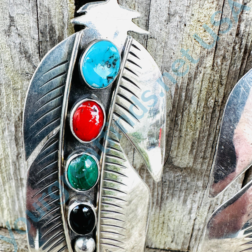 Navajo Sterling Silver & Gemstone Large Feather Pierced Post Earrings Earrings