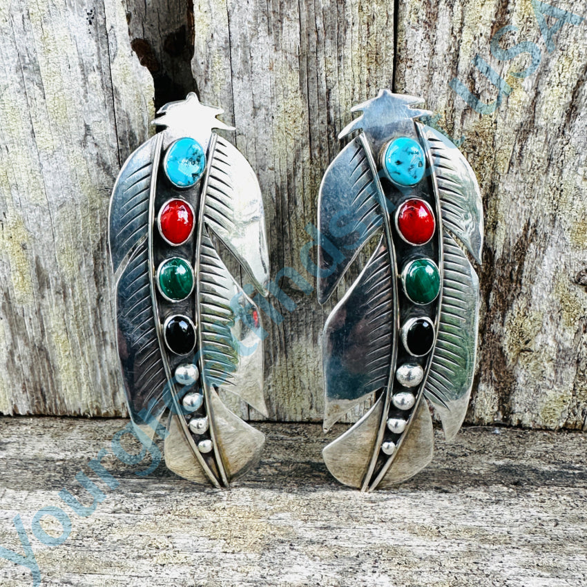 Navajo Sterling Silver & Gemstone Large Feather Pierced Post Earrings Earrings