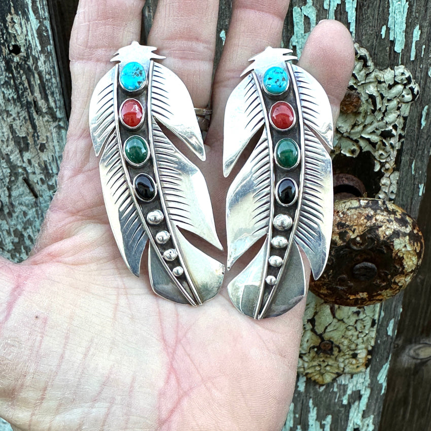 Navajo Sterling Silver & Gemstone Large Feather Pierced Post Earrings Earrings