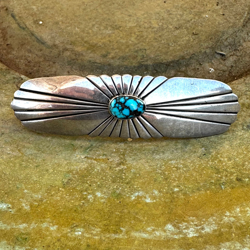 Navajo Sterling Silver Hair Barrette Spider Web Turquoise Hair Barrette