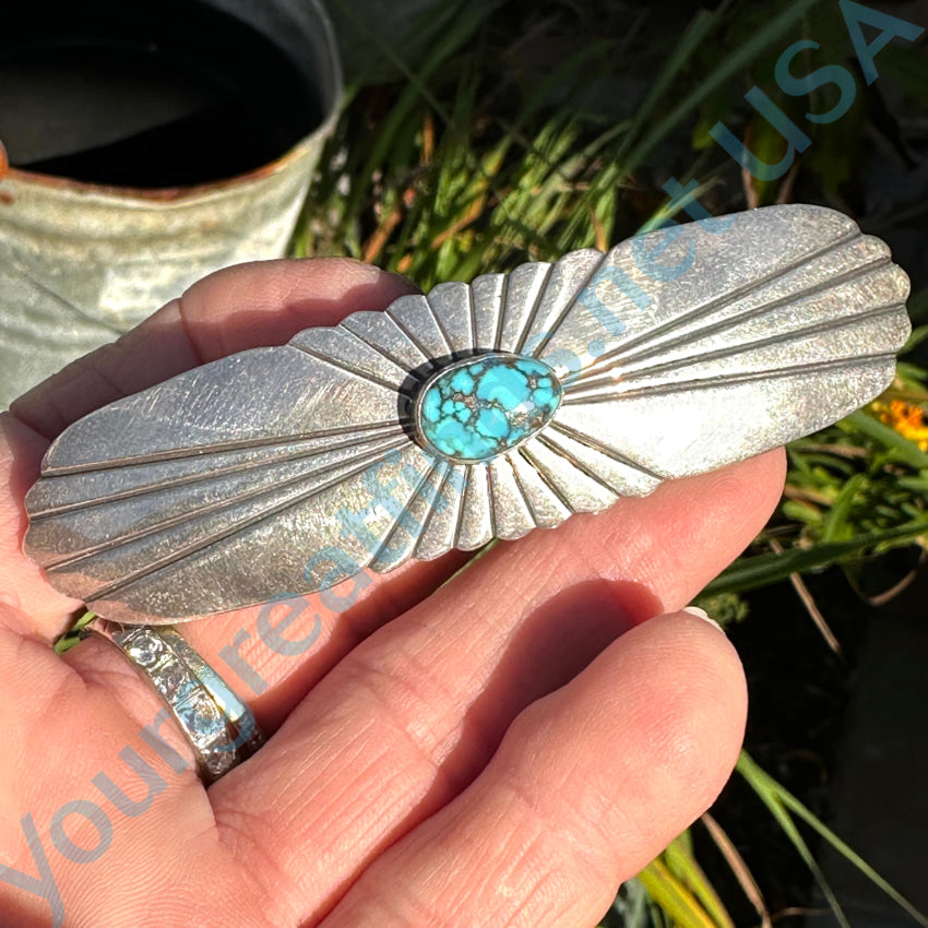 Navajo Sterling Silver Hair Barrette Spider Web Turquoise Hair Barrette