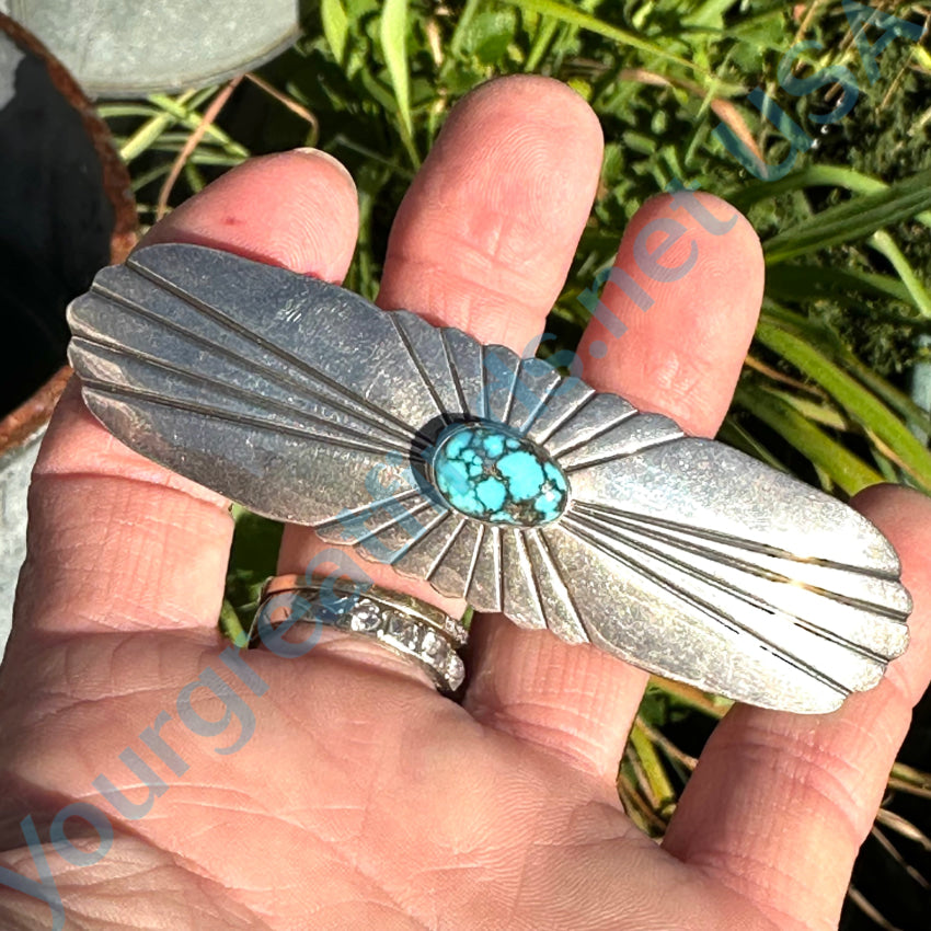 Navajo Sterling Silver Hair Barrette Spider Web Turquoise Hair Barrette