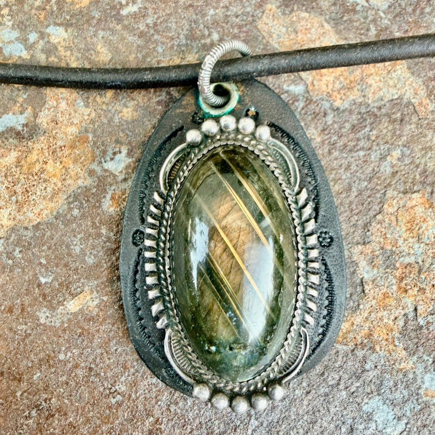 Navajo Sterling Silver Hawk’s Eye & Leather Necklace necklace