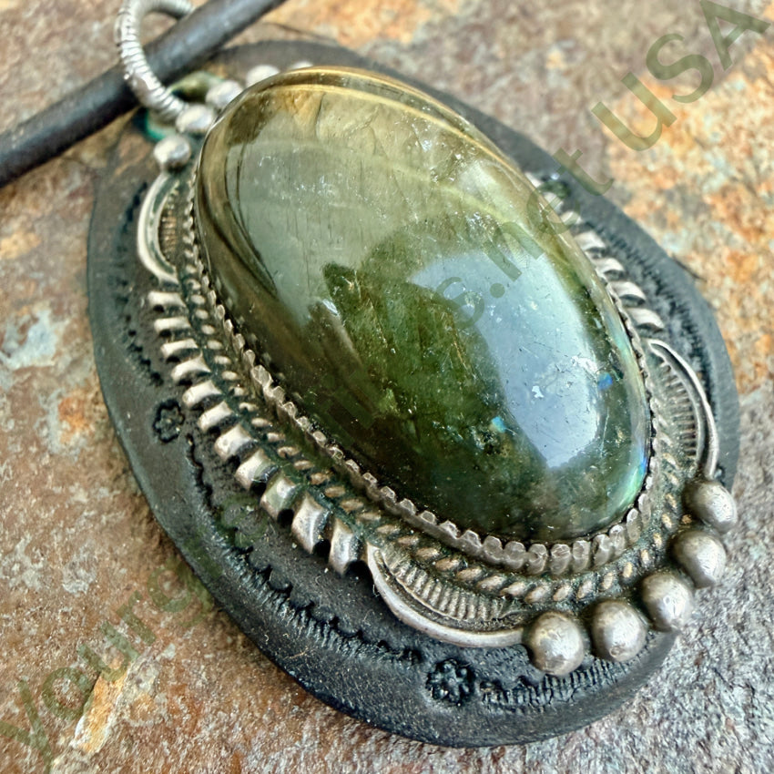 Navajo Sterling Silver Hawk’s Eye & Leather Necklace necklace