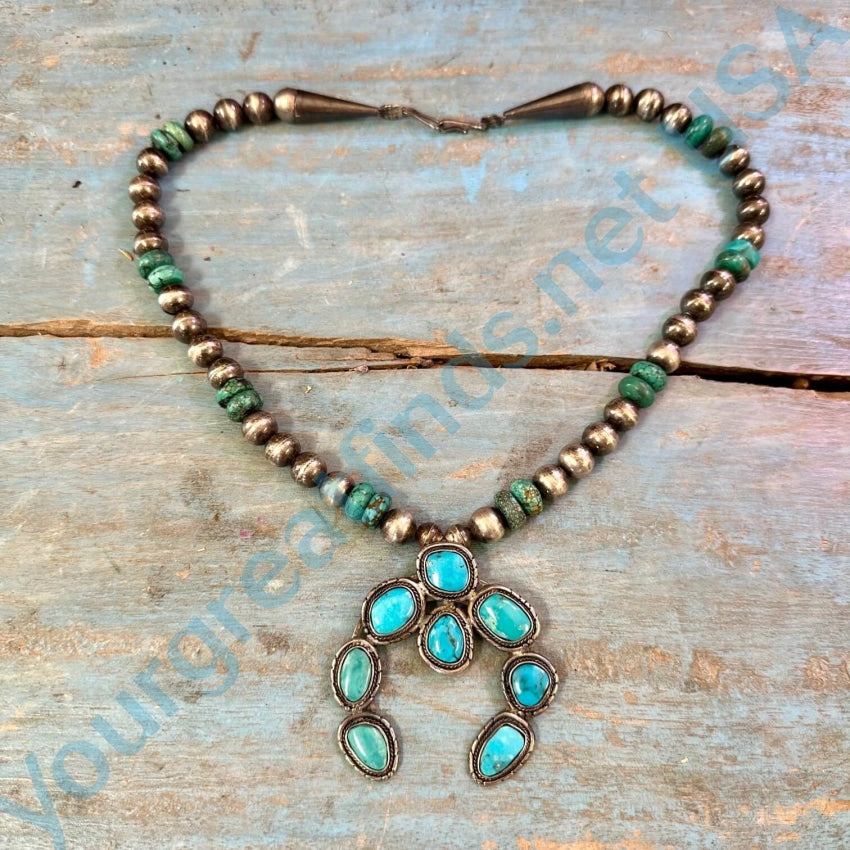 Navajo Sterling Silver Pearl Beads Turquoise Naja Necklace