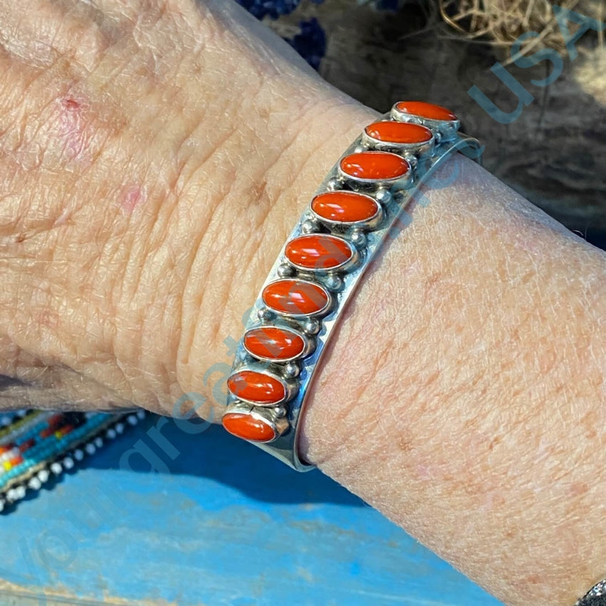 Navajo Sterling Silver Red Coral Row Bracelet Daniel Mike