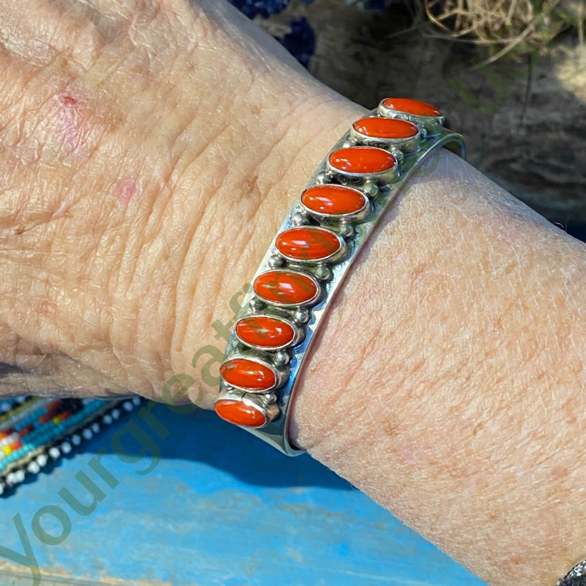 Navajo Sterling Silver Red Coral Row Bracelet Daniel Mike