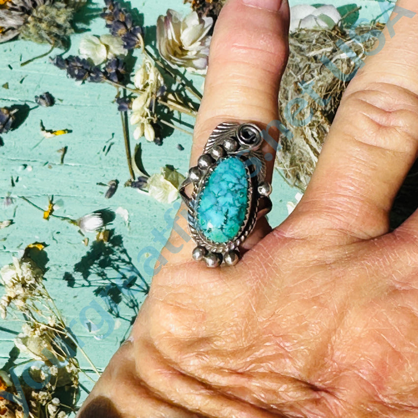 Navajo Sterling Silver Spider Web Turquoise Ring Size 6