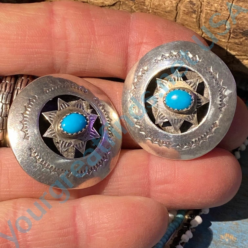 Navajo Sterling Silver Star Concho Earrings Turquoise Clip