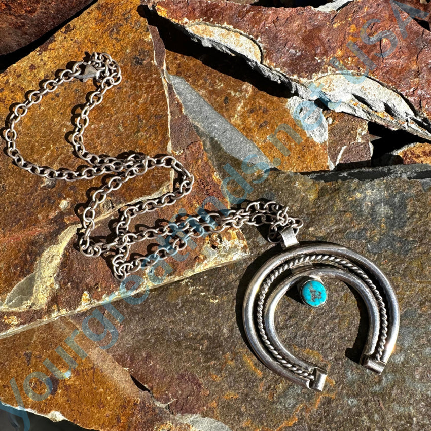 Navajo Sterling Silver Turquoise Naja Pendant & Chain Necklace