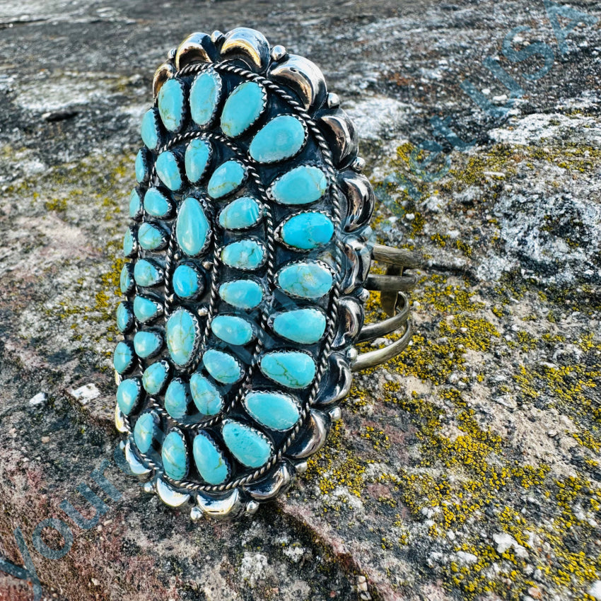 Navajo Sterling Silver & Turquoise Oval Rosette Cuff Bracelet Bracelet