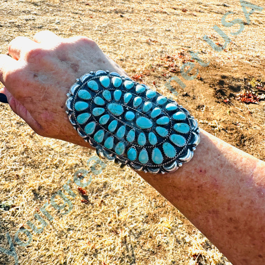 Navajo Sterling Silver & Turquoise Oval Rosette Cuff Bracelet Bracelet