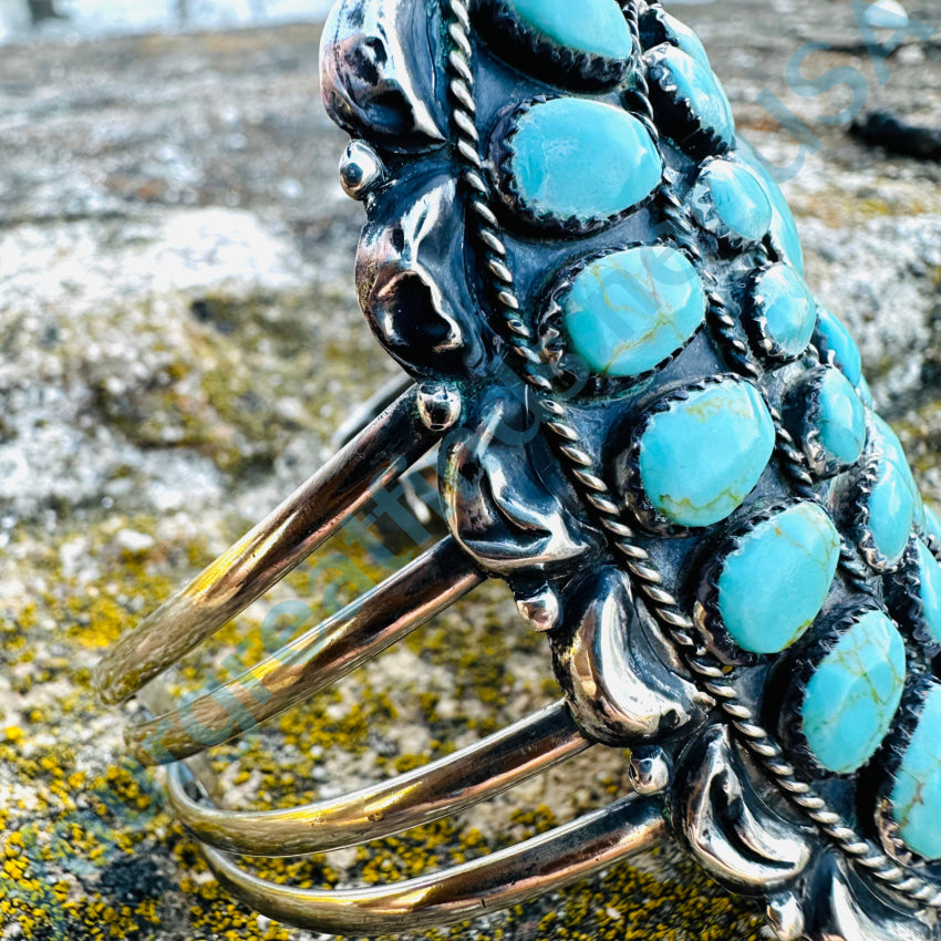 Navajo Sterling Silver & Turquoise Oval Rosette Cuff Bracelet Bracelet