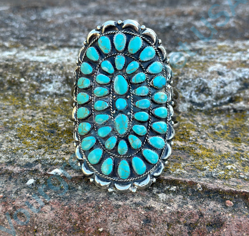 Navajo Sterling Silver & Turquoise Oval Rosette Cuff Bracelet Bracelet